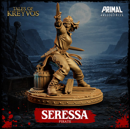 Seressa pirate raising one blade overhead while wielding a second blade beside a skull-topped barrel.