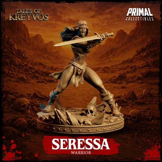 Seressa Human Barbarian wielding a two-handed sword in a wide combat stance on a rocky scenic base with a skull.