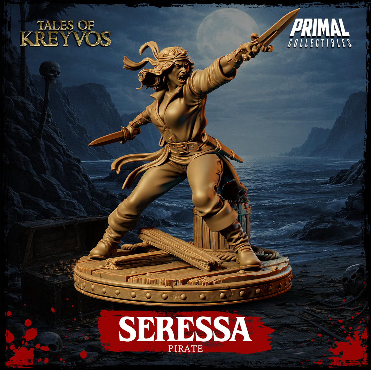 Seressa human pirate miniature wielding two blades on a detailed ship-deck scenic base.