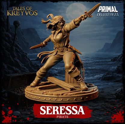 Seressa human pirate miniature wielding two blades on a detailed ship-deck scenic base.
