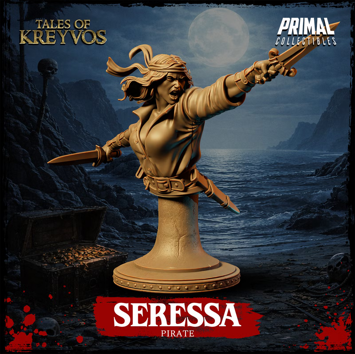 Seressa pirate display bust with wind-swept hair and headband while brandishing two blades.