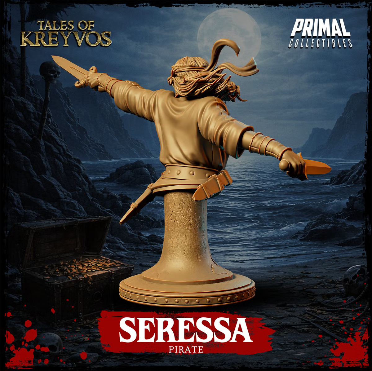 Rear view of Seressa pirate display bust with flowing hair, headband, twin blades, and pedestal base.