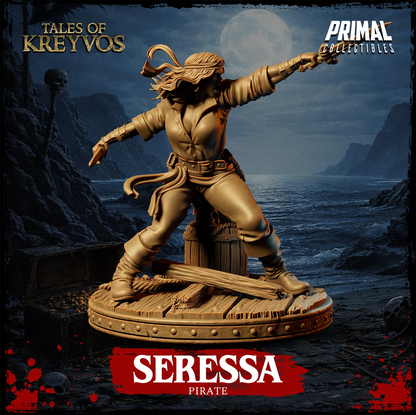 Seressa pirate miniature in a wide fighting stance with twin blades, barrel, rope, and broken decking.