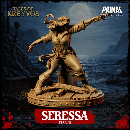 Seressa pirate miniature in a wide fighting stance with twin blades, barrel, rope, and broken decking.