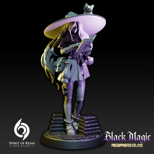 Serin, Young Witch human wizard reading an open spellbook beneath an oversized witch hat with a cat perched on top.