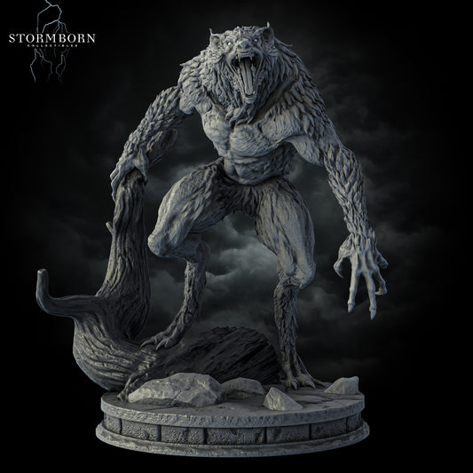 Front view of Shadowclaw Werewolf Monstrosity resin miniature roaring while perching on a tree trunk by Stormborn Collectibles.