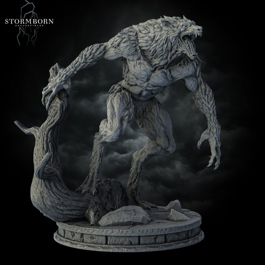 Three-quarter angle of Shadowclaw Werewolf Monstrosity showing muscular detail and claw gripping a dead tree by Stormborn Collectibles.