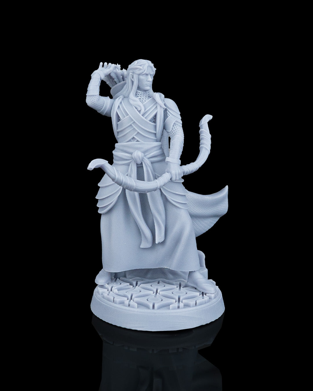 Three-quarter front view of the male Sharpshooter Elf Ranger mini showing the full profile of his bow.