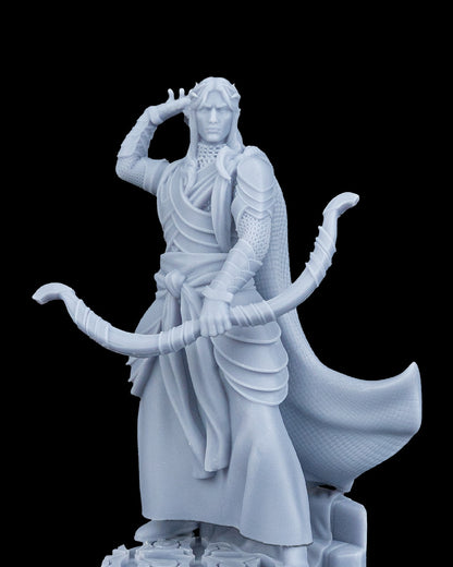 Detailed close-up of the Sharpshooter Elf Ranger's face, crown accent, and bow hand.