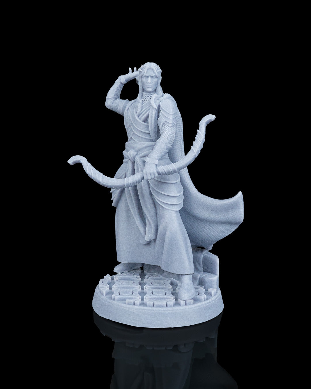 Sharpshooter Elf Ranger resin miniature from the Elven Warriors Set holding a recurve bow and reaching for an arrow.