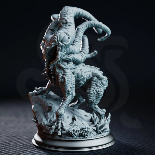 Front angled view of the Shogdog, an eldritch tracker beast miniature with clawed feet, layered eyes, and a monstrous open maw.