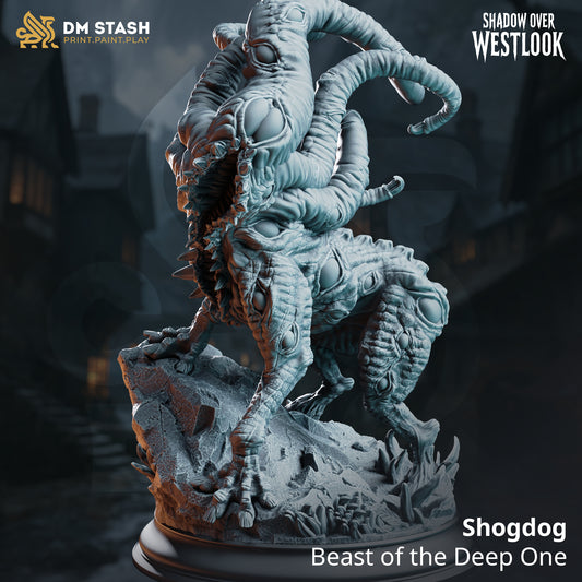 Shogdog resin miniature by DM Stash, a grotesque Medium Aberration with a tooth-filled maw, multiple eyes, and writhing tentacle-like growths.