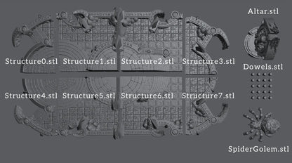 Diagram displaying the 30 individual kit pieces including modular structure tiles, altar, spider golem, and dowels.
