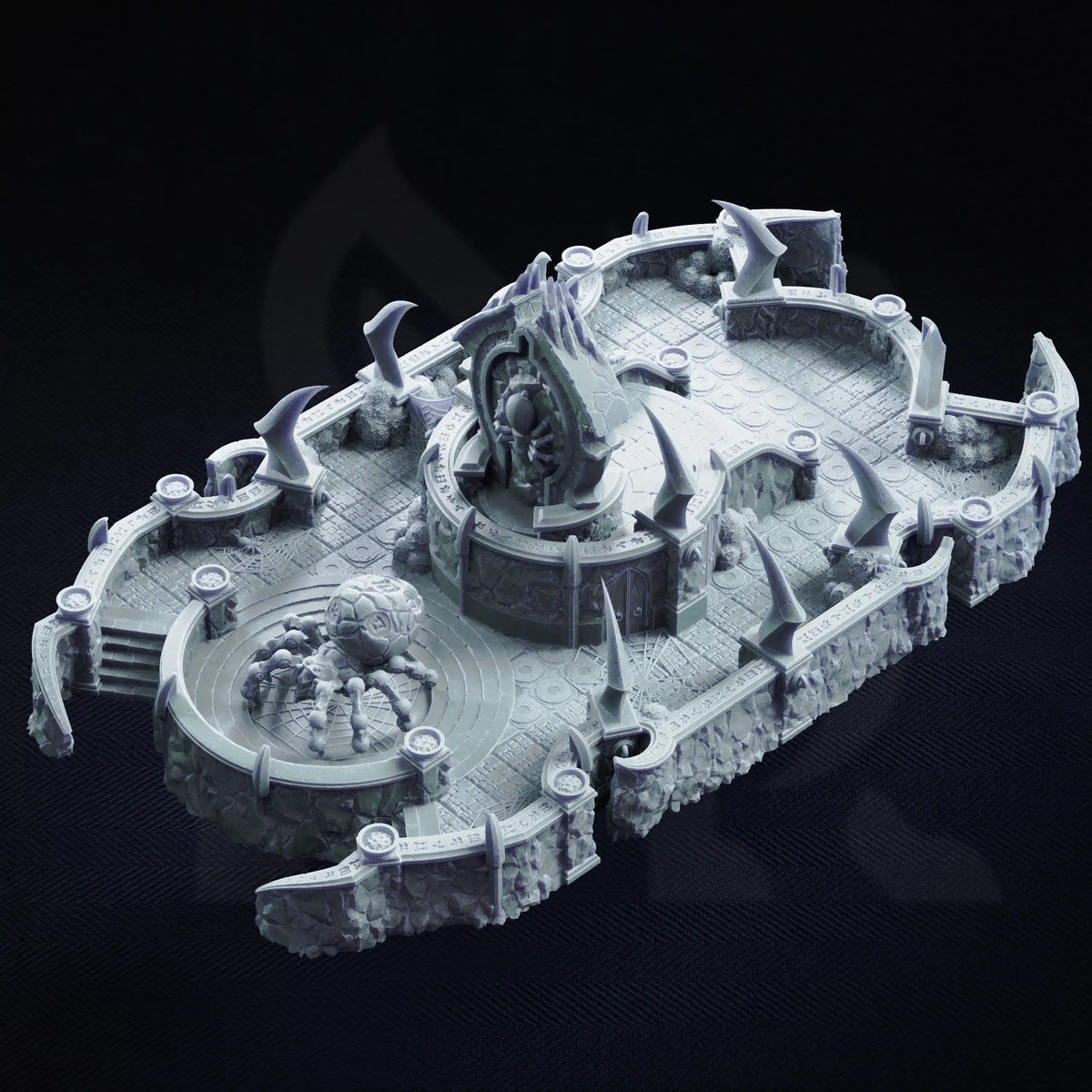 High angle perspective of the modular Underdark spider shrine terrain set.