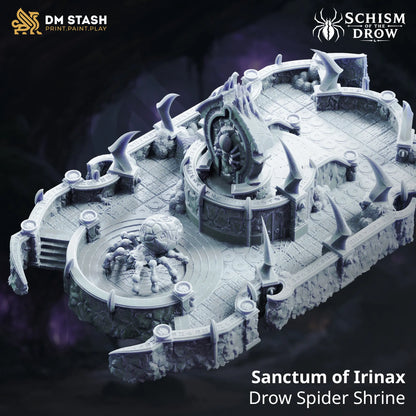 Isometric view of the 3D printed Shrine to Irinax terrain set featuring the central altar and spider golem.