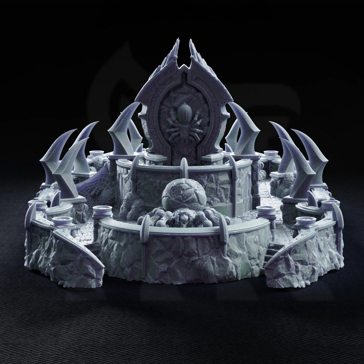 Eye level ground view of the Shrine to Irinax highlighting the spider golem and altar.