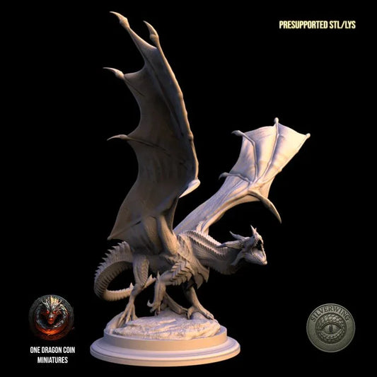 Silverwing gargantuan dragon resin miniature with fully extended wings in a dynamic flying pose.