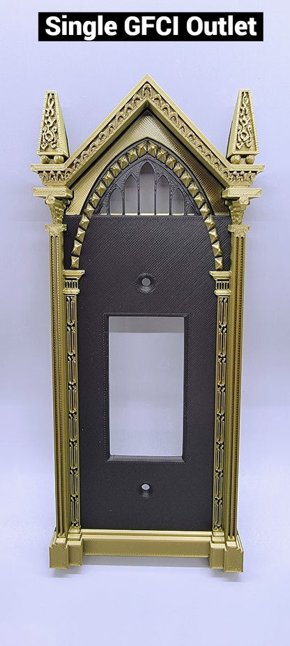 Single GFCI outlet cover with wizard style bronze frame, and black plate. Decorative custom wall plate for room decor.