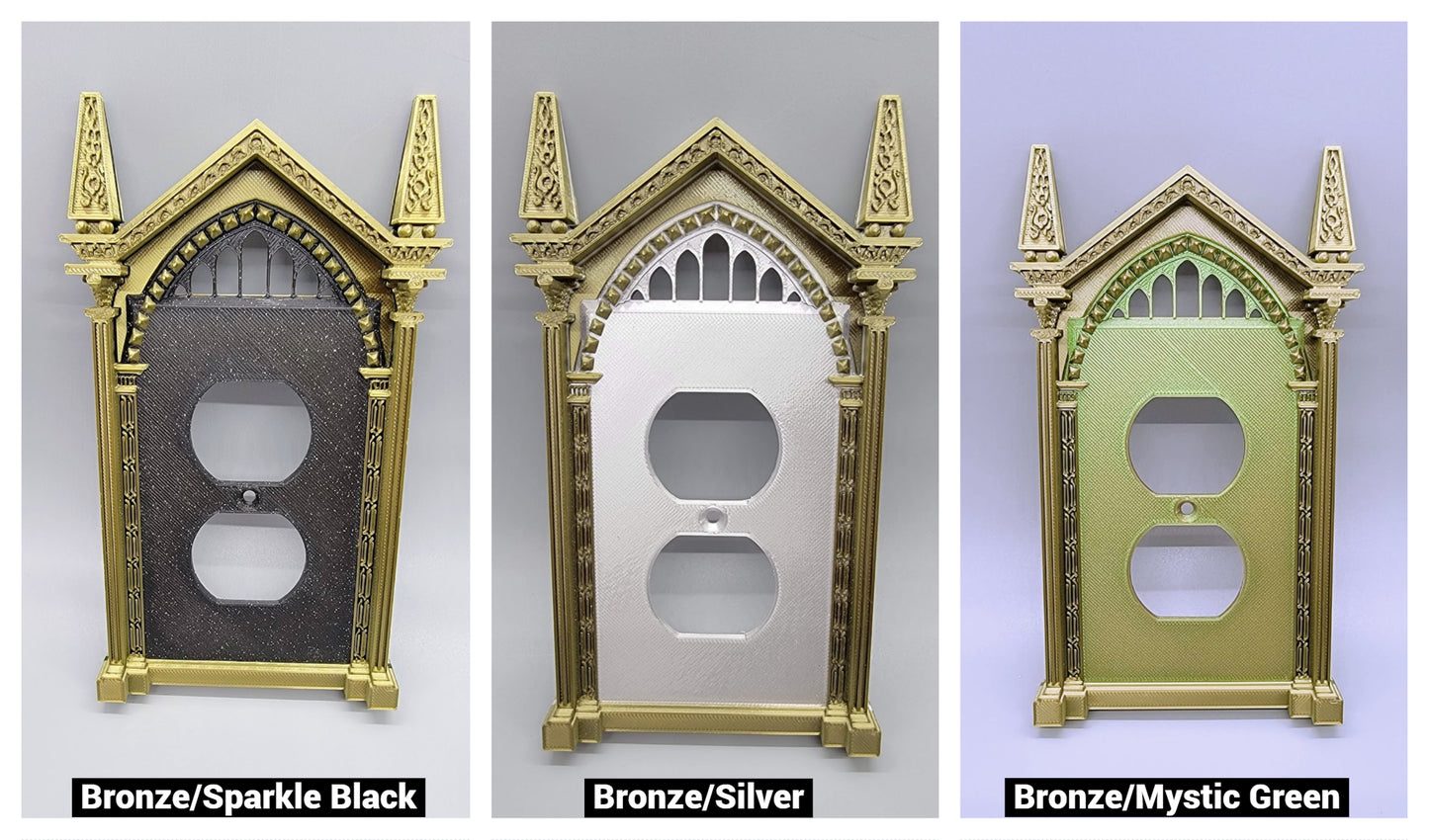 Single outlet cover with wizard inspired frame, custom decorative wall plate for room decor. Shown in 3 of the possible combinations or our filament colors.