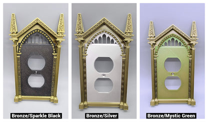 Single outlet cover with wizard inspired frame, custom decorative wall plate for room decor. Shown in 3 of the possible combinations or our filament colors.