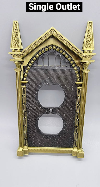 Single outlet cover with wizard inspired frame, custom decorative wall plate for room decor. Shown in Bronze Frame, Sparkle Black Plate options.