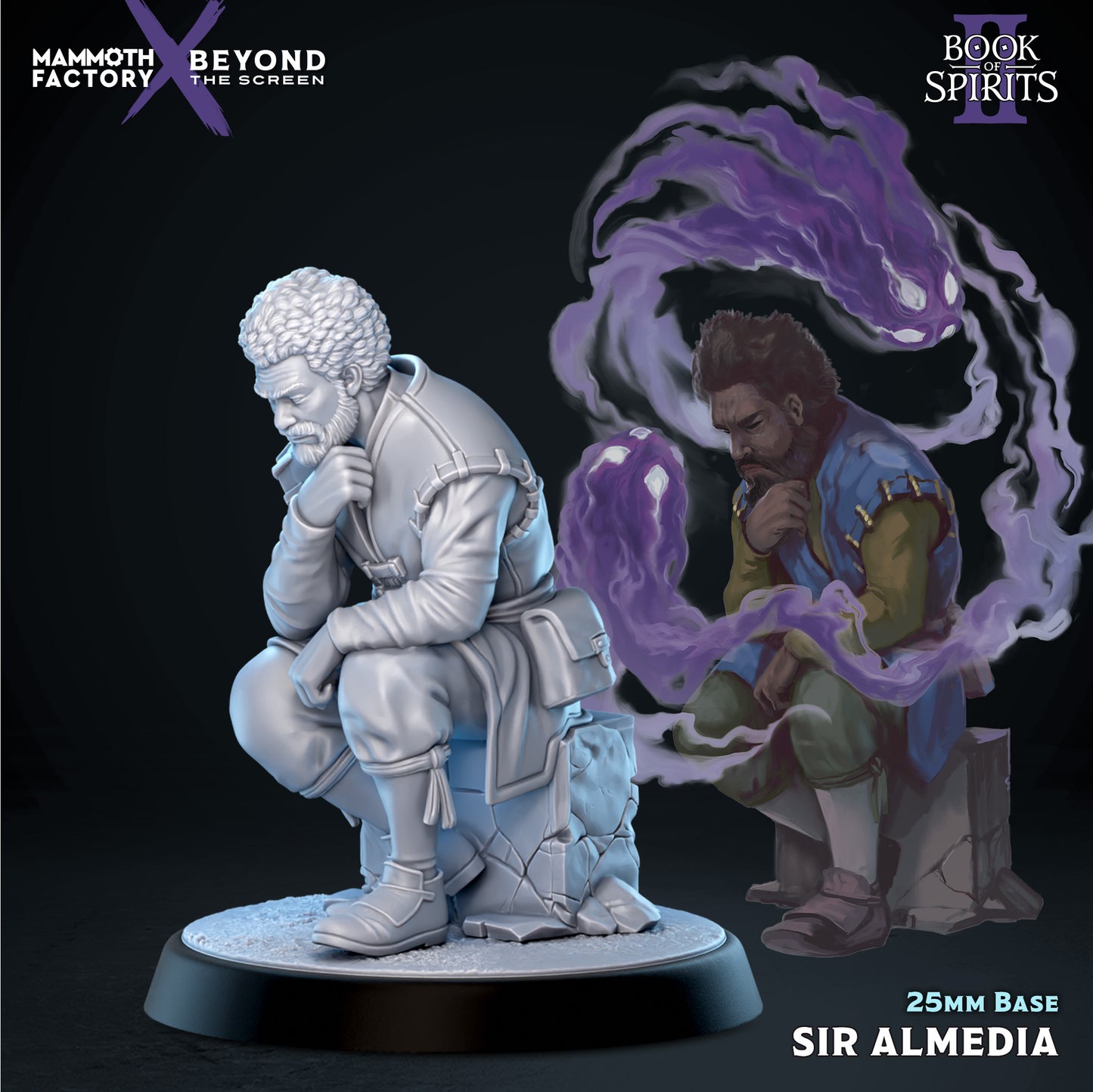 Front view render of Sir Almedia, featuring the detailed unpainted gray resin sculpt of the worried, bearded man sitting on a cracked stone brick without the overlapping nightmare smoke trails.