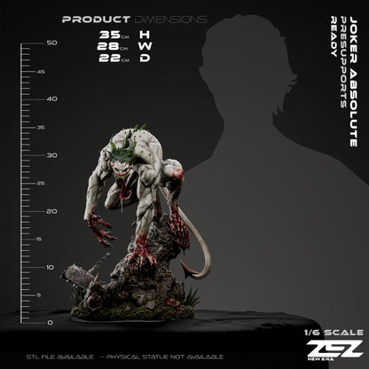 Scale comparison graphic for the Absolute Joker statue, showing height benchmarks against a standard scale grid for collectors.