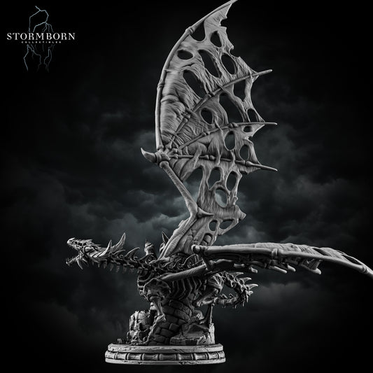 Full front view displaying the massive vertical tattered wingspan of the Skeletal Dragon by Stormborn Collectibles.