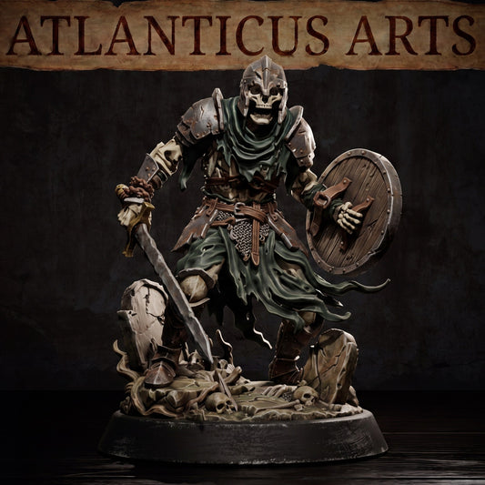 Front view render of the Skeleton Undead Warrior in armored garb with sword and shield on a graveyard base.