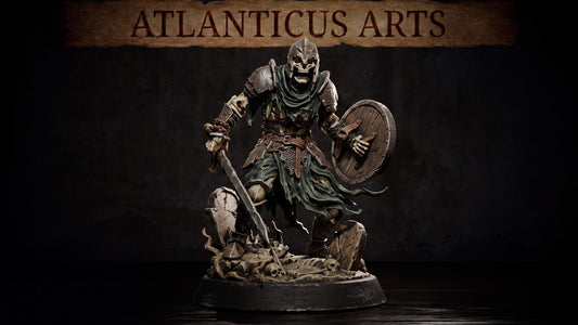 Wide perspective render of the Atlanticus Arts Skeleton Undead Warrior resin miniature.