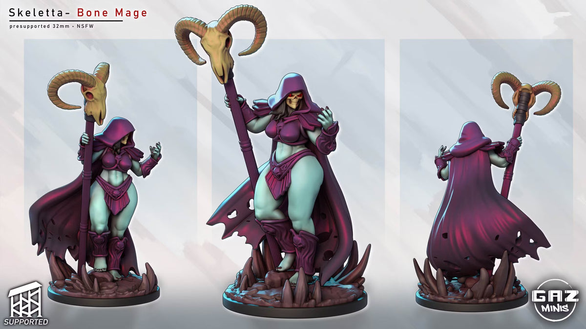 Colored render of Skeletta the Undead Wizard shown from multiple angles with a ram-skull staff and dark scenic base.