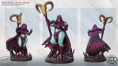 Colored render of Skeletta the Undead Wizard shown from multiple angles with a ram-skull staff and dark scenic base.
