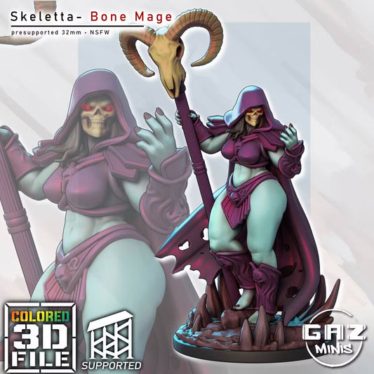 Skeletta the Bone Mage holding a horned skull staff while standing on a dark bone-strewn scenic base.