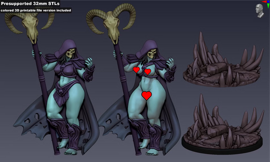 Skeletta Bone Mage options showing SFW and NSFW body styles with one-piece and separate scenic base configurations.