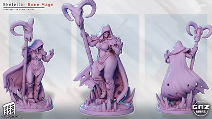 Unpainted resin render of Skeletta the Bone Mage shown from front, side, and rear with horned staff and tattered cloak.