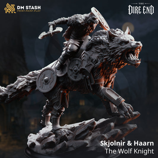 A 3D-rendered dark fantasy resin miniature titled "Skjolnir & Haarn - The Wolf Knight" by DM Stash. A northern barbarian warrior wielding a battleaxe and round shield rides a giant armored dire wolf charging down a steep rocky cliffside.