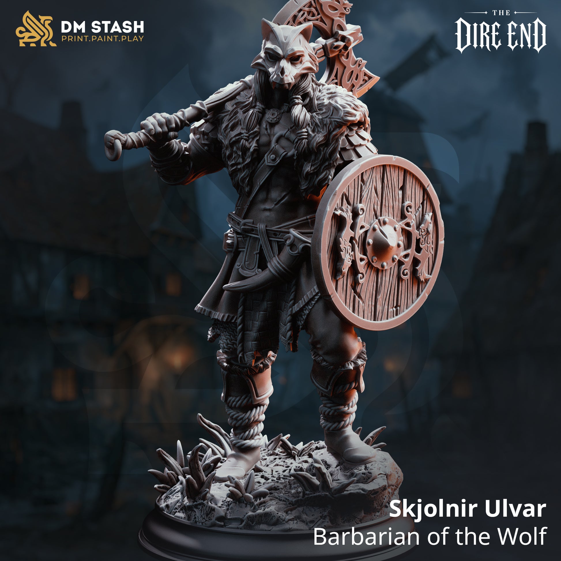 A 3D-rendered dark fantasy resin miniature titled "Skjolnir Ulvar - Barbarian of the Wolf" by DM Stash. The male barbarian warrior stands on a tufted grass base wearing a wolf skull helm and heavy furs, holding a large wooden round shield and carrying a greataxe over his shoulder.