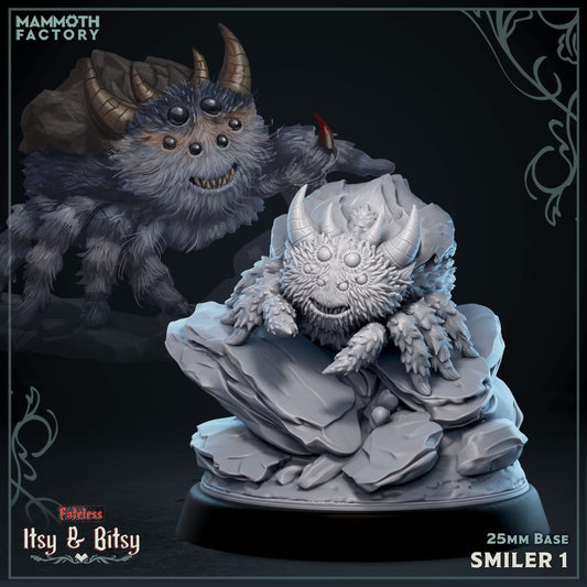 Smiler 1 Small Monstrosity miniature with multiple eyes, curved horns, shaggy fur, and a toothy grin crouched on rocks.