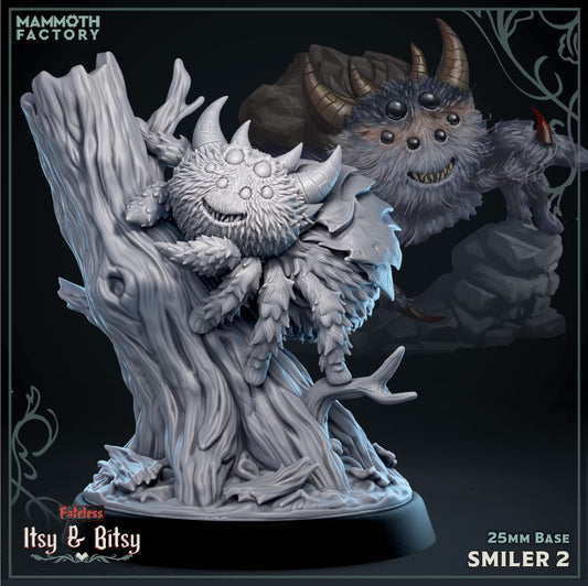 Smiler 2 Small Monstrosity miniature with multiple eyes, curved horns, and shaggy spider-like legs clinging to a tree.