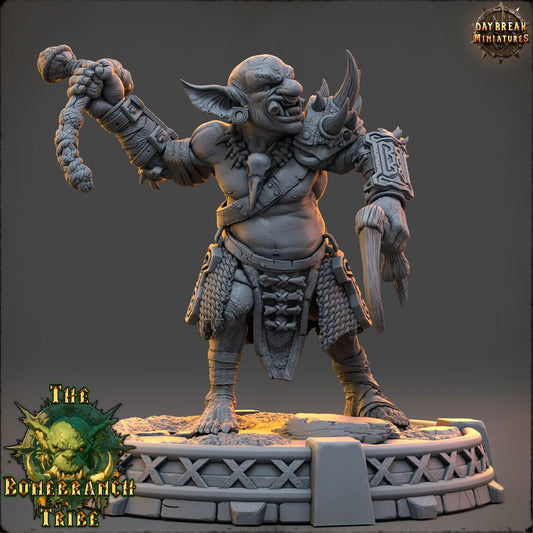Snaggrik Cleavertooth Goblin Rogue in layered armor holding a knife with a weighted bola over his shoulder.