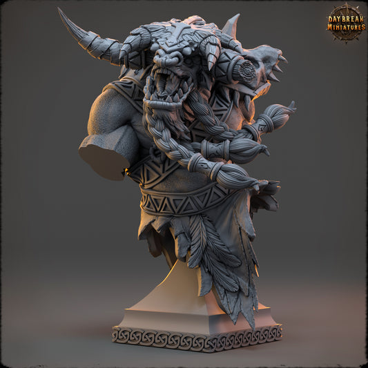 Socrates Blun Minotaur Barbarian display bust with massive curved horns, fur, and rugged armor.