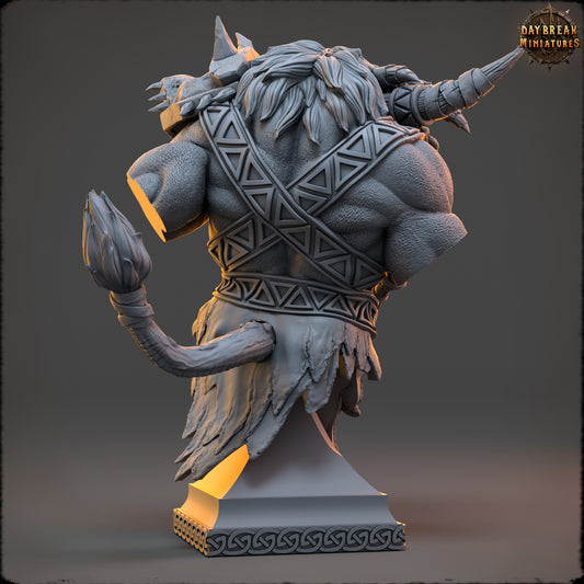 Rear view of Socrates Blun Minotaur Barbarian bust showing layered fur, horns, and back details.