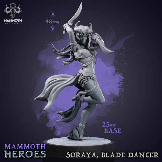 Unpainted grey resin miniature render of Soraya, Blade Dancer, a horned tiefling-like female dual-wielding curved sabres on a 25mm scenic base.