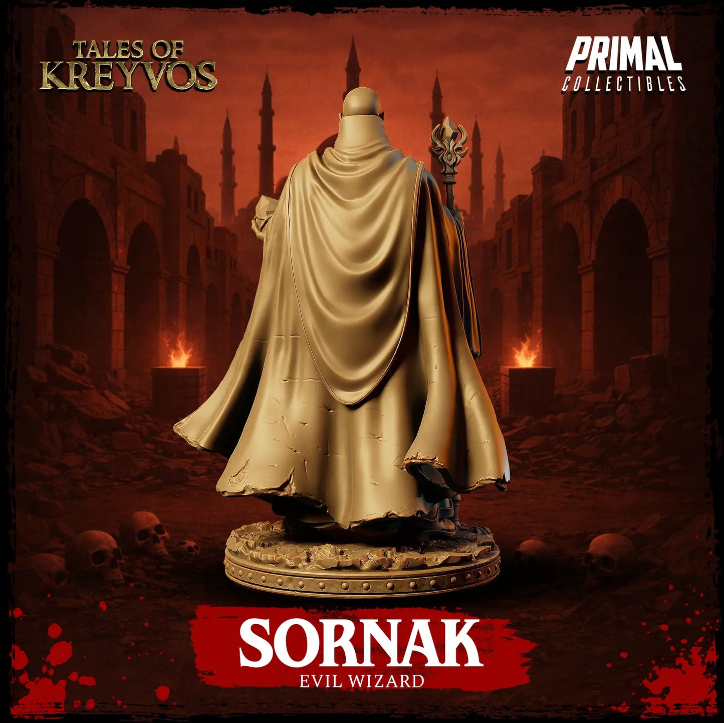 Back view of the Sornak miniature showing the smooth folds of his long magical cape and bald head.
