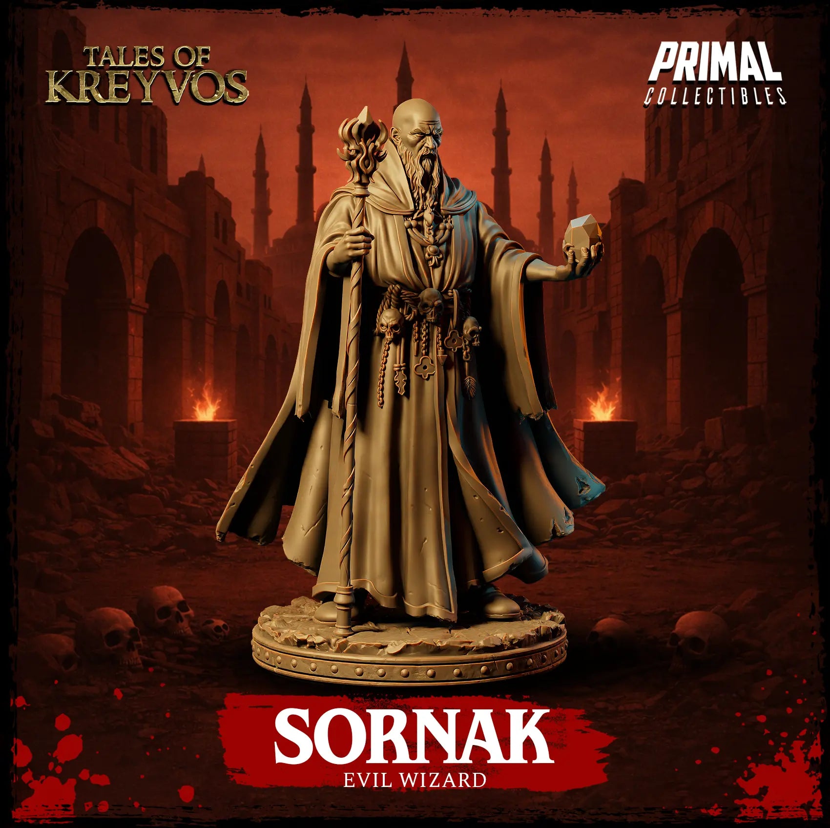 Three-quarter left side view of Sornak the wizard showing his outstretched hand cradling a large magical focus crystal.