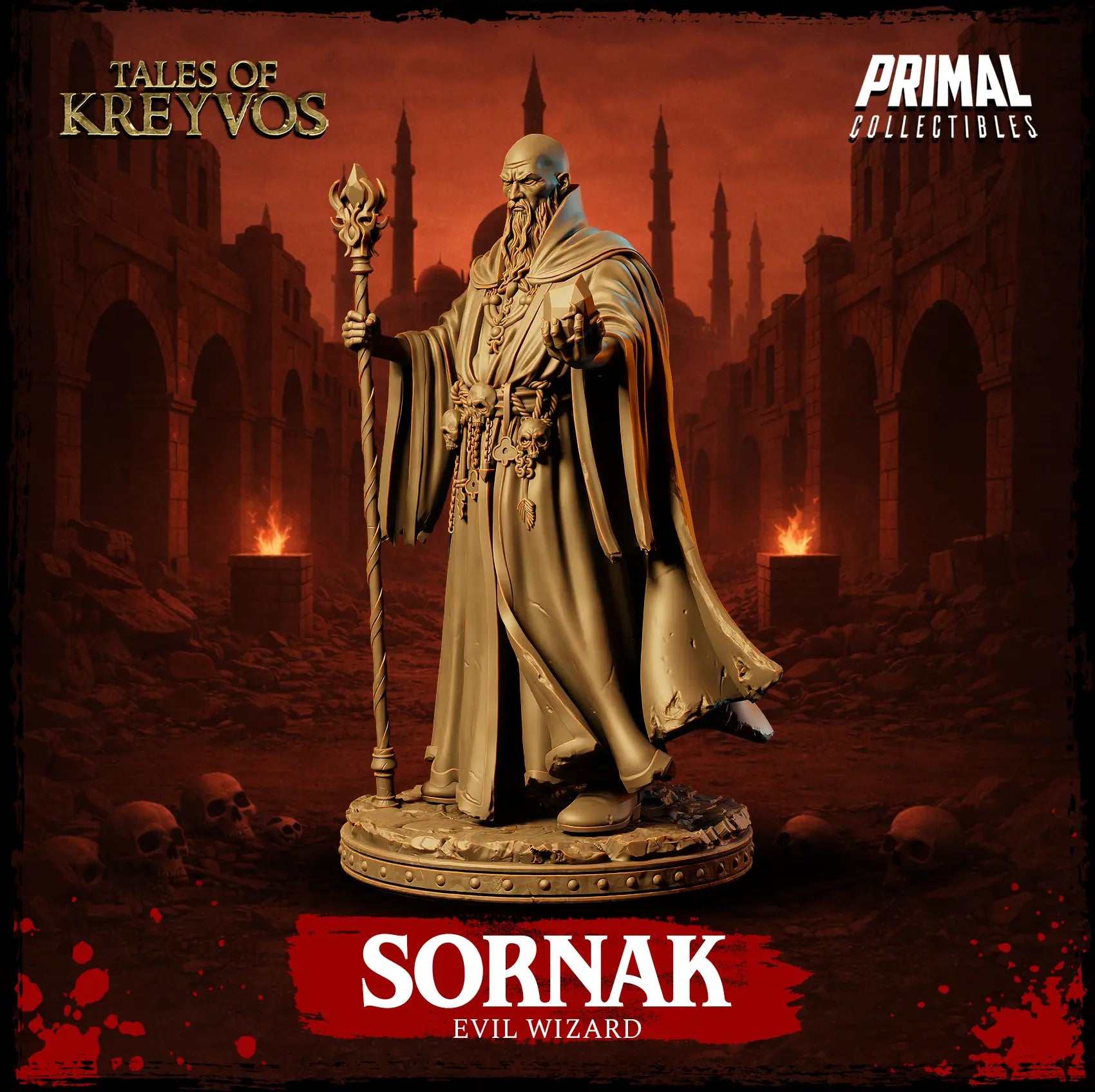 Three-quarter right side view of the Sornak miniature highlighting his flame-headed spellcasting staff.