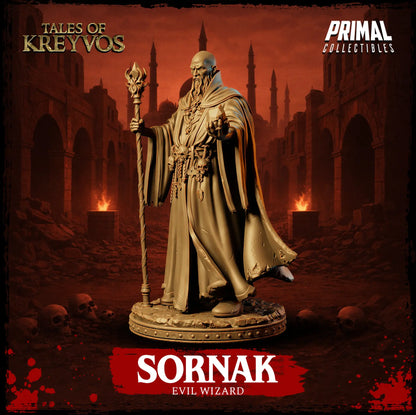 Three-quarter right side view of the Sornak miniature highlighting his flame-headed spellcasting staff.