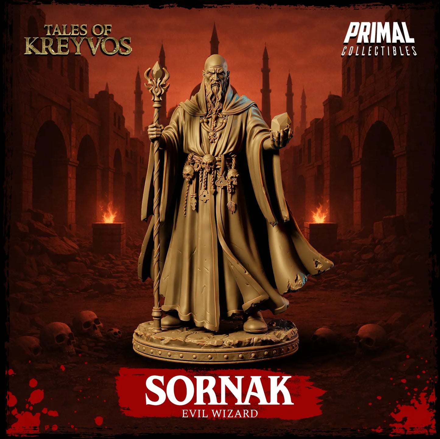 Front view of Sornak the Evil Wizard resin miniature holding a staff and a giant crystal on a detailed stone base.