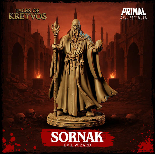 Front view of Sornak the Evil Wizard resin miniature holding a staff and a giant crystal on a detailed stone base.