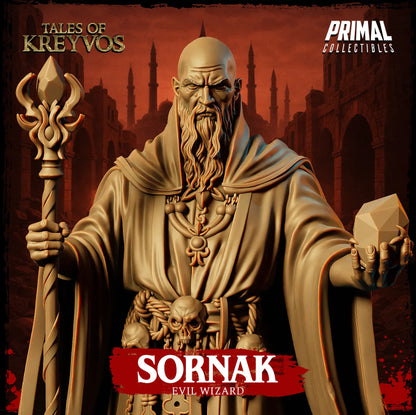 Up-close portrait of the bald evil wizard Sornak showing his intense expression, braided beard, and skeletal belt.